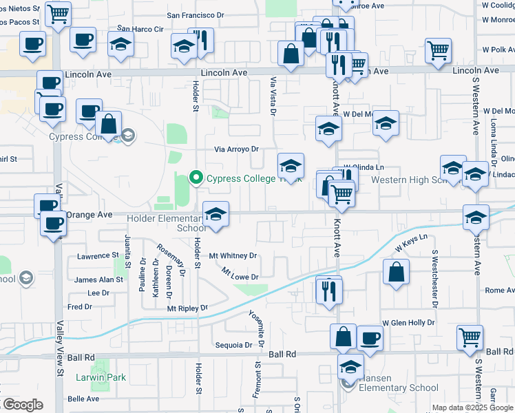 map of restaurants, bars, coffee shops, grocery stores, and more near 3931 Orange Avenue in Anaheim