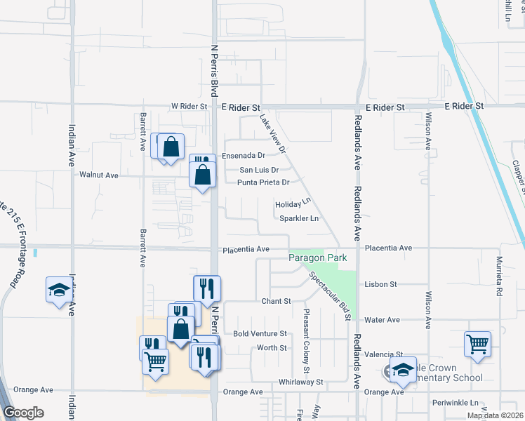 map of restaurants, bars, coffee shops, grocery stores, and more near 2866 Magellan Lane in Perris