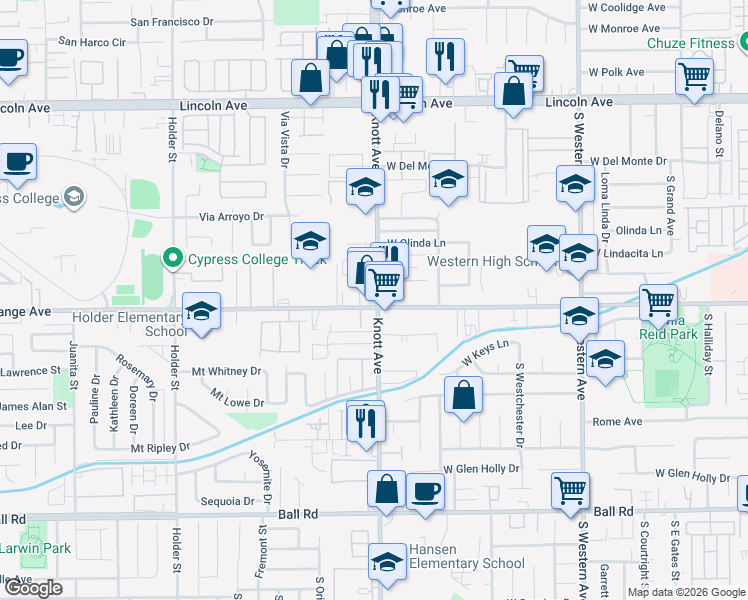 map of restaurants, bars, coffee shops, grocery stores, and more near 565 South Knott Avenue in Anaheim
