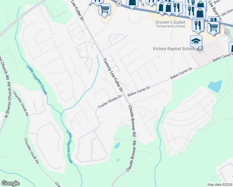 map of restaurants, bars, coffee shops, grocery stores, and more near 320 Towler Drive in Loganville