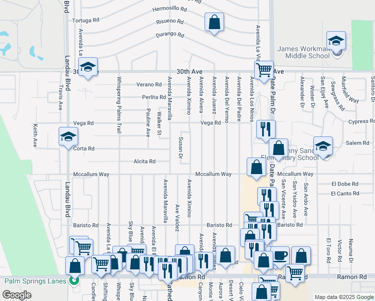 map of restaurants, bars, coffee shops, grocery stores, and more near 30777 Avenida Ximino in Cathedral City