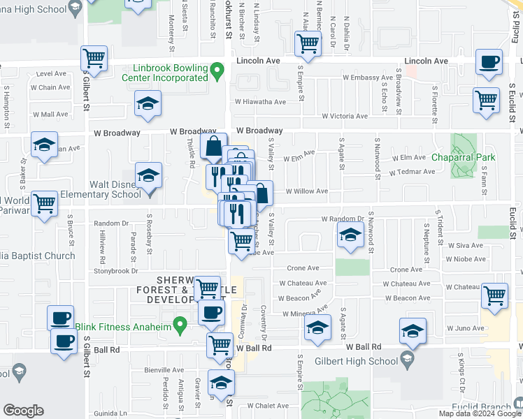 map of restaurants, bars, coffee shops, grocery stores, and more near 602 South Archer Street in Anaheim