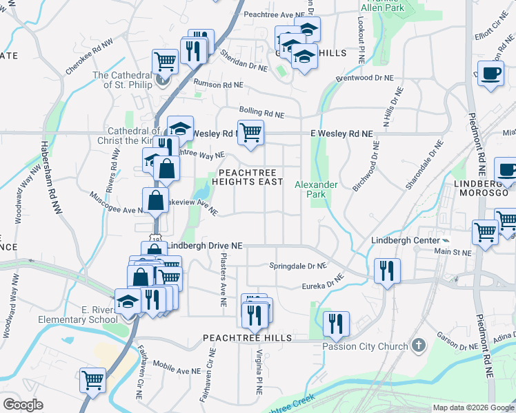 map of restaurants, bars, coffee shops, grocery stores, and more near 202 Lakeview Avenue Northeast in Atlanta