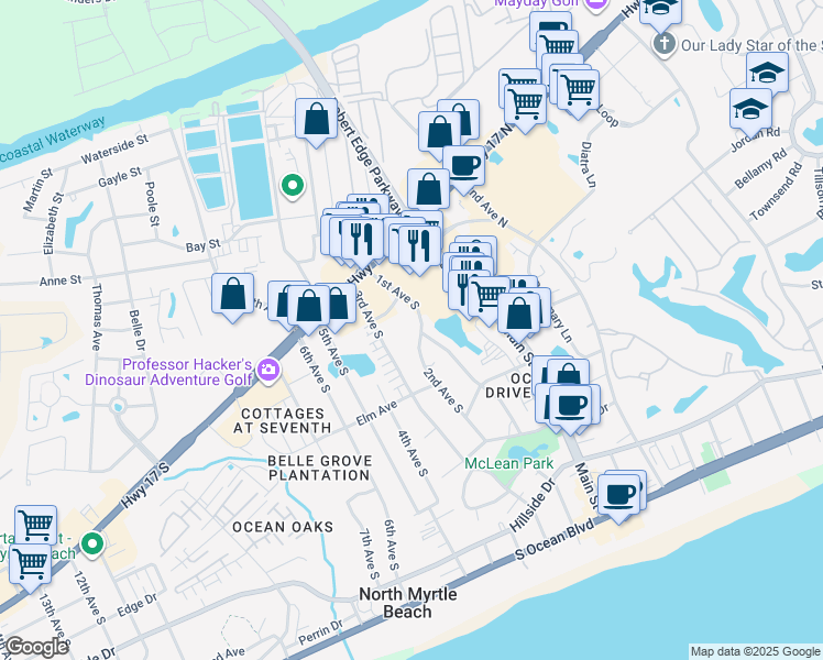 map of restaurants, bars, coffee shops, grocery stores, and more near 700 1st Avenue South in North Myrtle Beach
