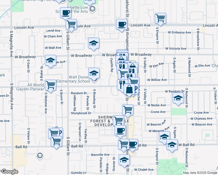 map of restaurants, bars, coffee shops, grocery stores, and more near 605 South Marbeya Place in Anaheim