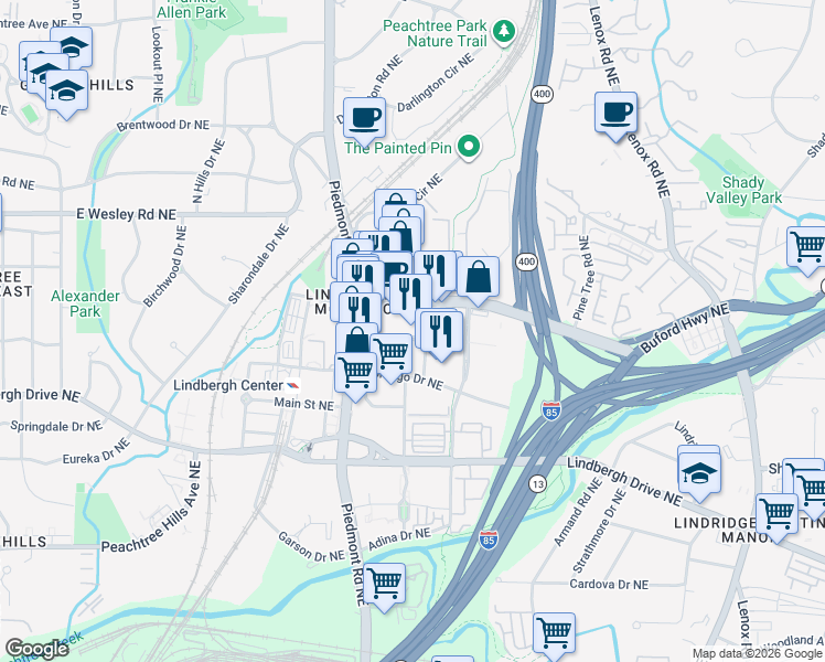 map of restaurants, bars, coffee shops, grocery stores, and more near 2525 Piedmont Road Northeast in Atlanta
