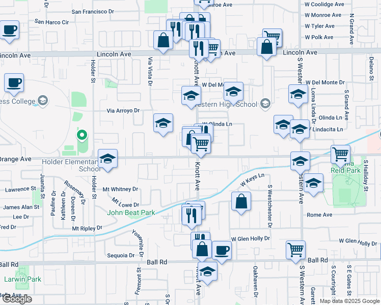 map of restaurants, bars, coffee shops, grocery stores, and more near in Anaheim