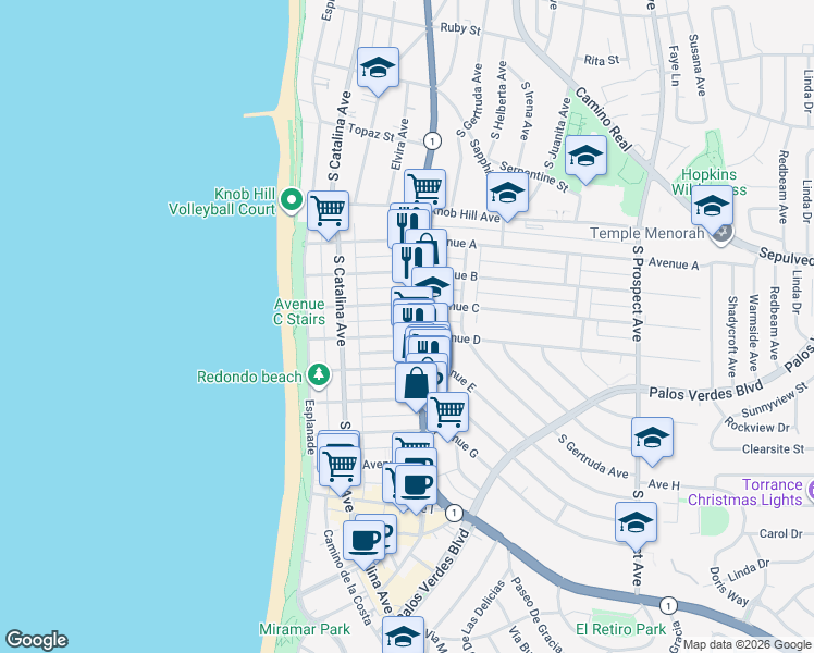 map of restaurants, bars, coffee shops, grocery stores, and more near 231 Avenue D in Redondo Beach
