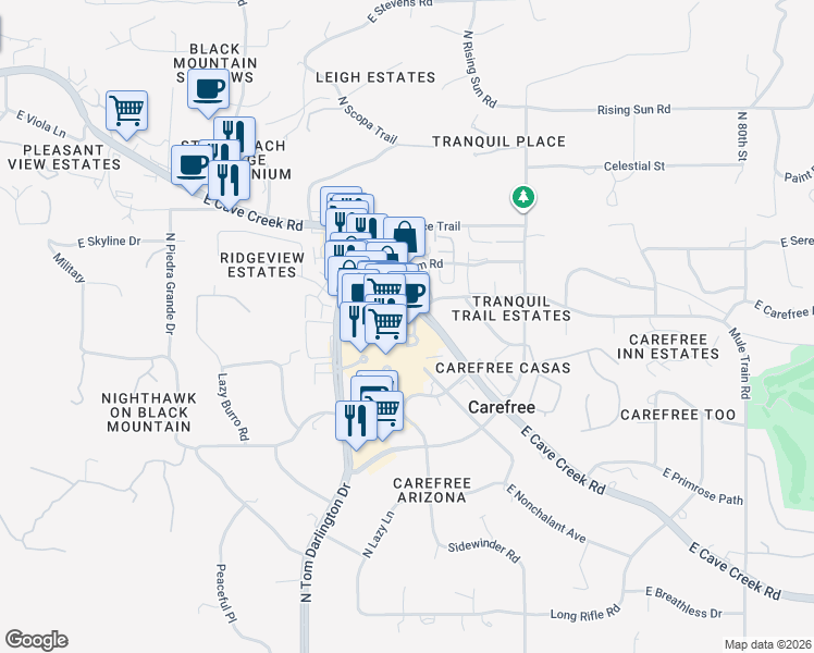 map of restaurants, bars, coffee shops, grocery stores, and more near 99 Easy Street in Carefree