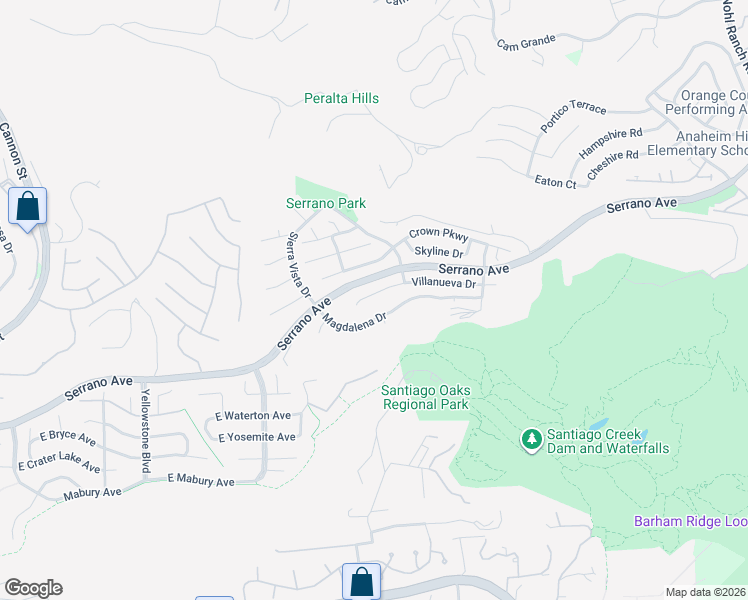 map of restaurants, bars, coffee shops, grocery stores, and more near 7058 Villanueva Drive in Orange
