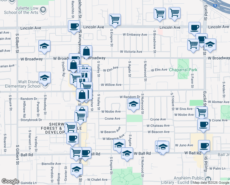 map of restaurants, bars, coffee shops, grocery stores, and more near 2042 Orange Avenue in Anaheim