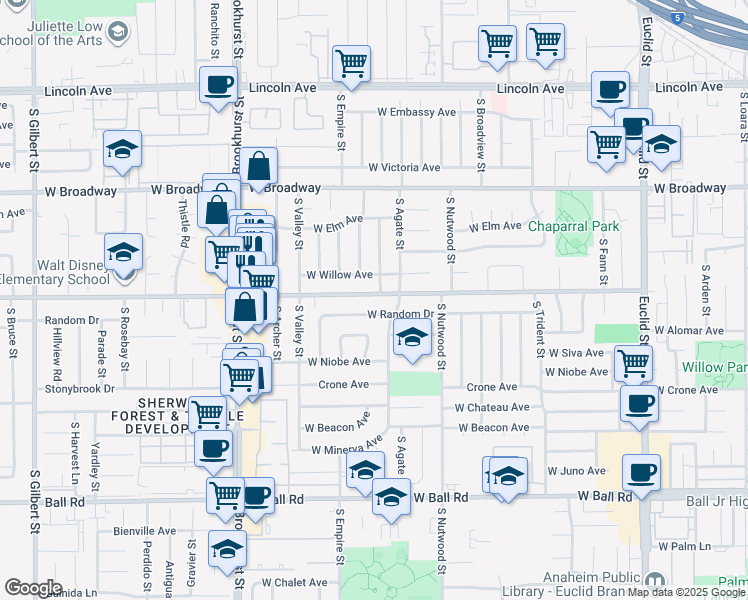 map of restaurants, bars, coffee shops, grocery stores, and more near 2026 West Orange Avenue in Anaheim