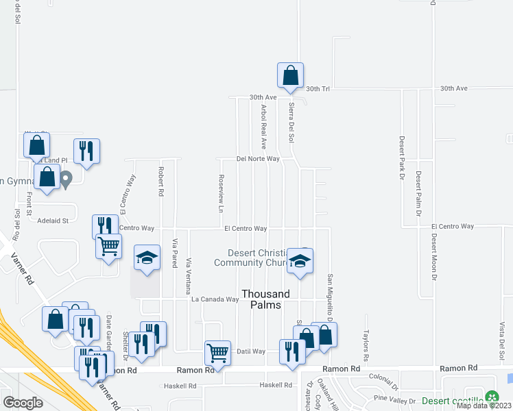 map of restaurants, bars, coffee shops, grocery stores, and more near 30830 Calle Jessica in Thousand Palms