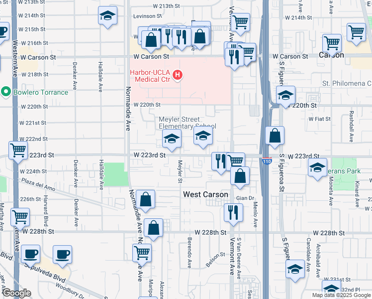 map of restaurants, bars, coffee shops, grocery stores, and more near 22280 Poppy Court in Torrance