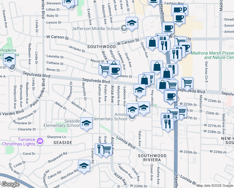 map of restaurants, bars, coffee shops, grocery stores, and more near 22415 Marjorie Avenue in Torrance