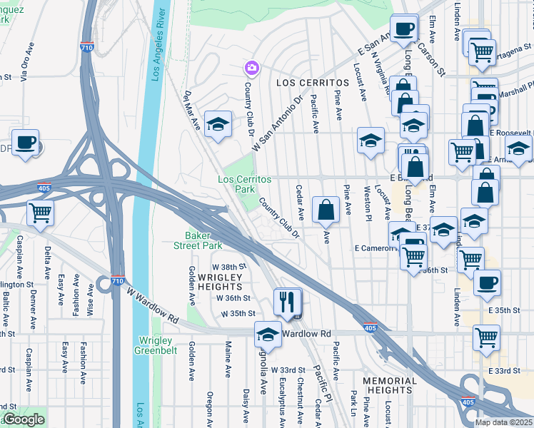map of restaurants, bars, coffee shops, grocery stores, and more near 3719 North Country Club Drive in Long Beach