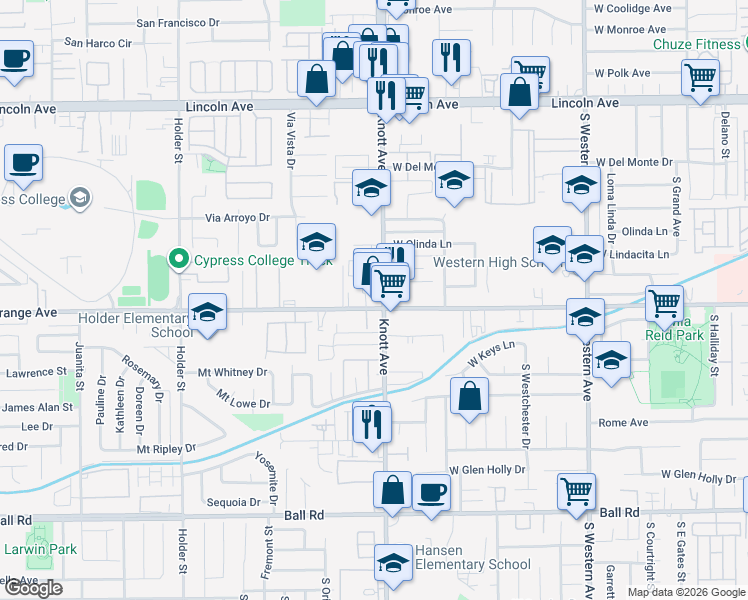 map of restaurants, bars, coffee shops, grocery stores, and more near 565 South Knott Avenue in Anaheim