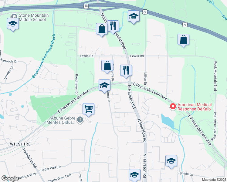 map of restaurants, bars, coffee shops, grocery stores, and more near 1502 Kilmuir Way in Stone Mountain