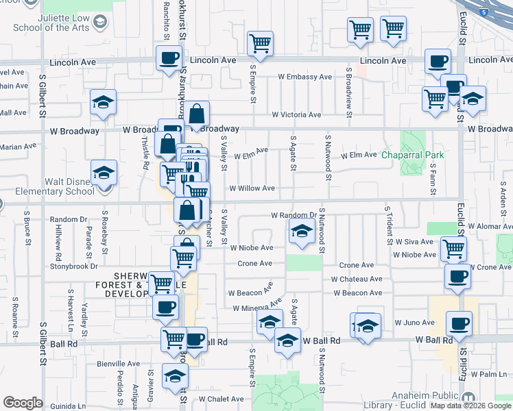 map of restaurants, bars, coffee shops, grocery stores, and more near 2042 Orange Avenue in Anaheim