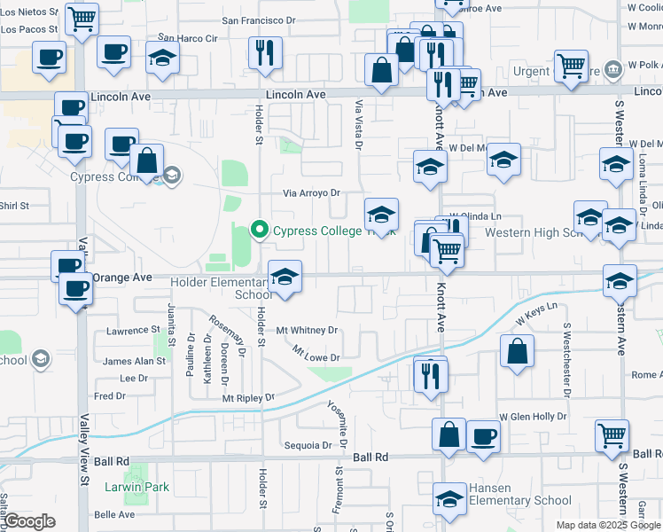 map of restaurants, bars, coffee shops, grocery stores, and more near 3971 West Orange Avenue in Anaheim