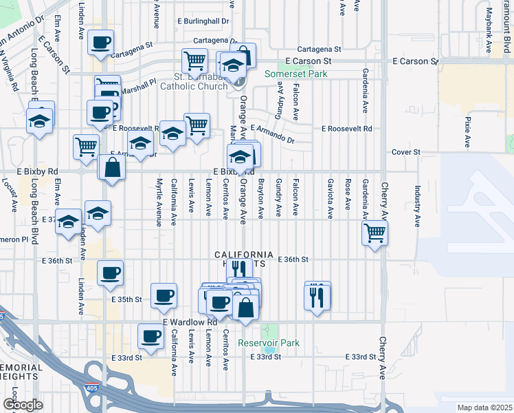 map of restaurants, bars, coffee shops, grocery stores, and more near 3724 Orange Avenue in Long Beach