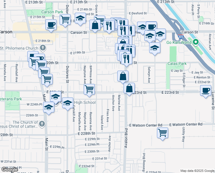 map of restaurants, bars, coffee shops, grocery stores, and more near 22206 Judith Place in Carson