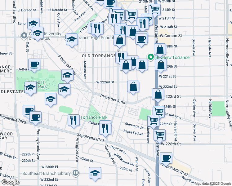 map of restaurants, bars, coffee shops, grocery stores, and more near 2306 Cabrillo Avenue in Torrance