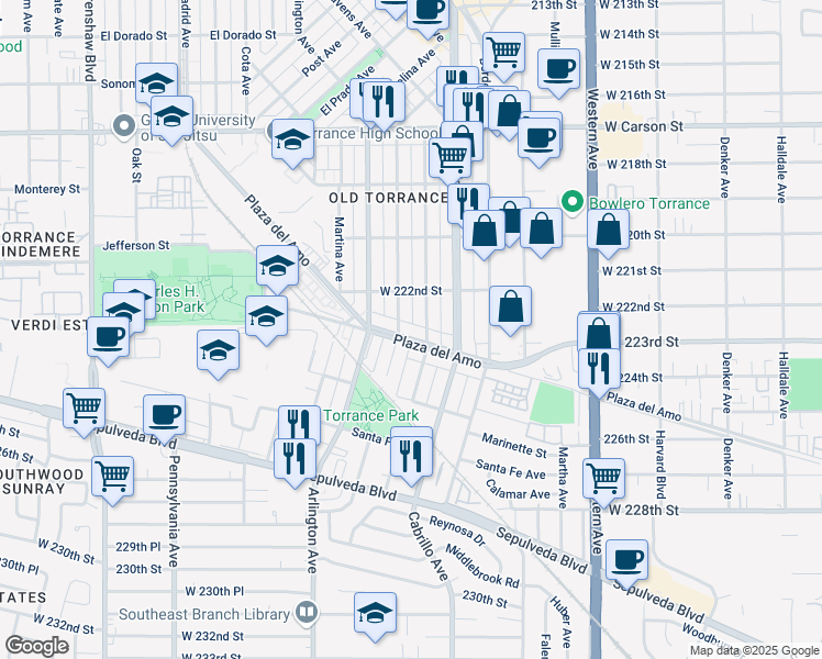 map of restaurants, bars, coffee shops, grocery stores, and more near 2309 Andreo Avenue in Torrance