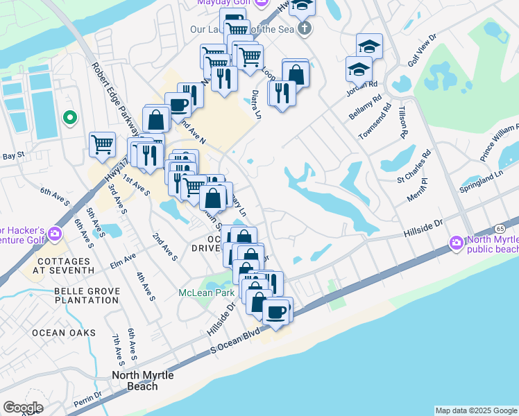 map of restaurants, bars, coffee shops, grocery stores, and more near 506C Rosemary Lane in North Myrtle Beach