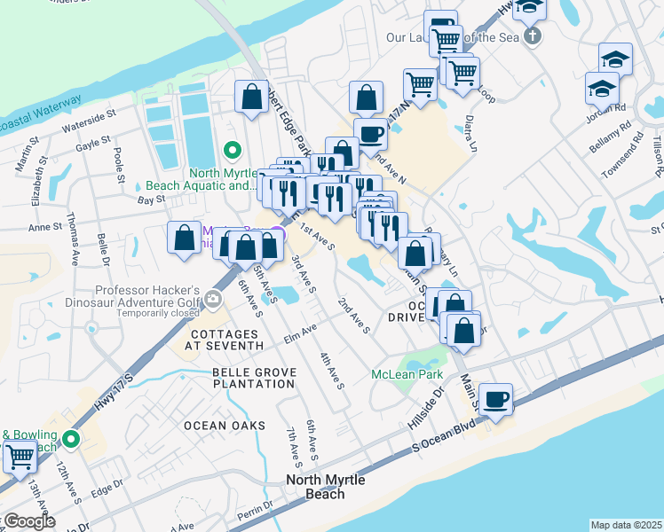 map of restaurants, bars, coffee shops, grocery stores, and more near 700 1st Avenue South in North Myrtle Beach