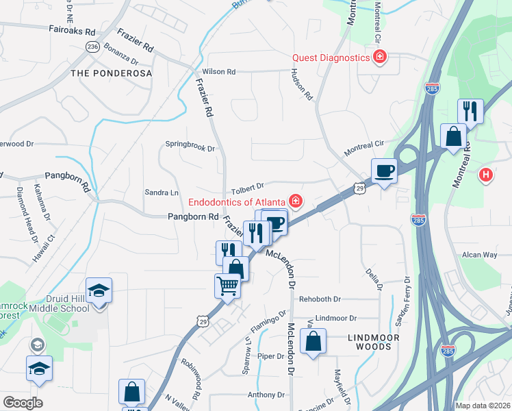 map of restaurants, bars, coffee shops, grocery stores, and more near 3105 Frazier Walk in Decatur