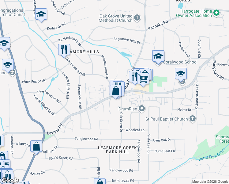 map of restaurants, bars, coffee shops, grocery stores, and more near 1498 Davis Oaks Way in Decatur
