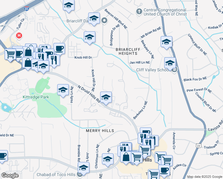 map of restaurants, bars, coffee shops, grocery stores, and more near 1501 High Haven Court Northeast in Atlanta