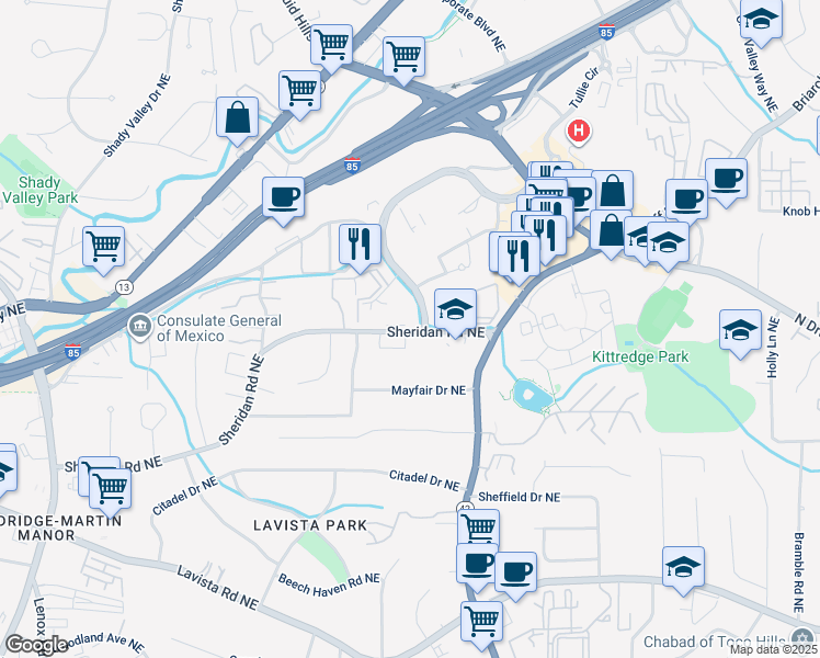map of restaurants, bars, coffee shops, grocery stores, and more near 1514 Sheridan Road Northeast in Atlanta