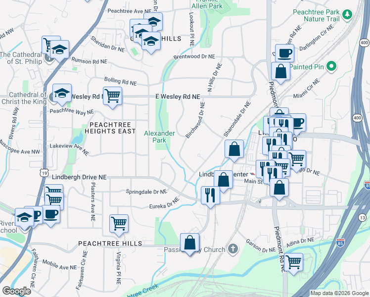 map of restaurants, bars, coffee shops, grocery stores, and more near 2577 Birchwood Drive Northeast in Atlanta