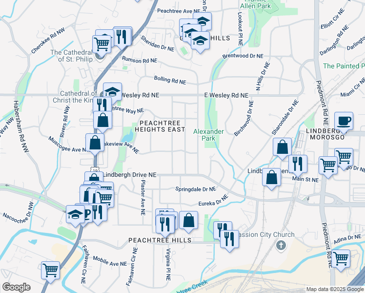 map of restaurants, bars, coffee shops, grocery stores, and more near 250 Lakeview Avenue Northeast in Atlanta