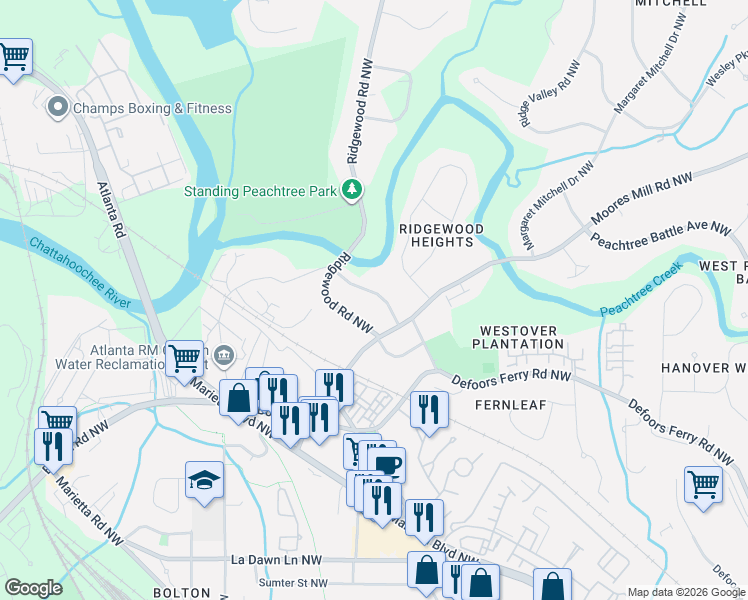 map of restaurants, bars, coffee shops, grocery stores, and more near 2560 Ridgewood Terrace Northwest in Atlanta