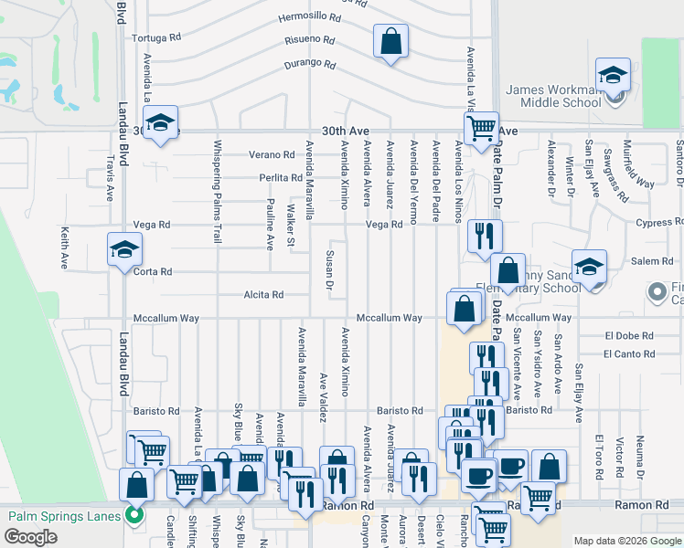 map of restaurants, bars, coffee shops, grocery stores, and more near 30777 Avenida Ximino in Cathedral City