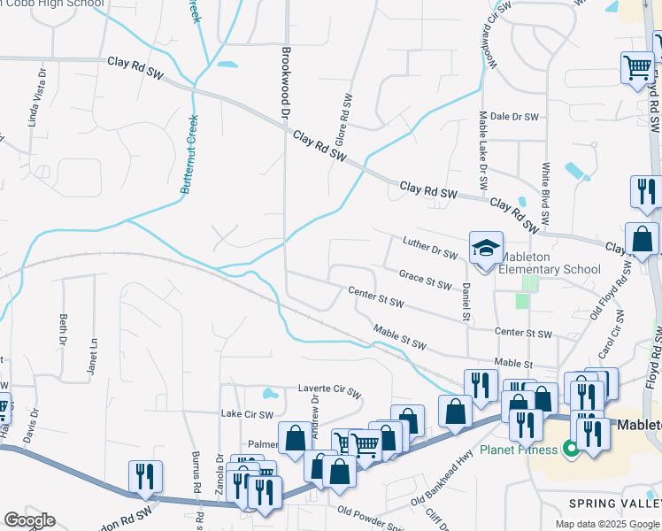 map of restaurants, bars, coffee shops, grocery stores, and more near 1268 Mimosa Circle in Mableton
