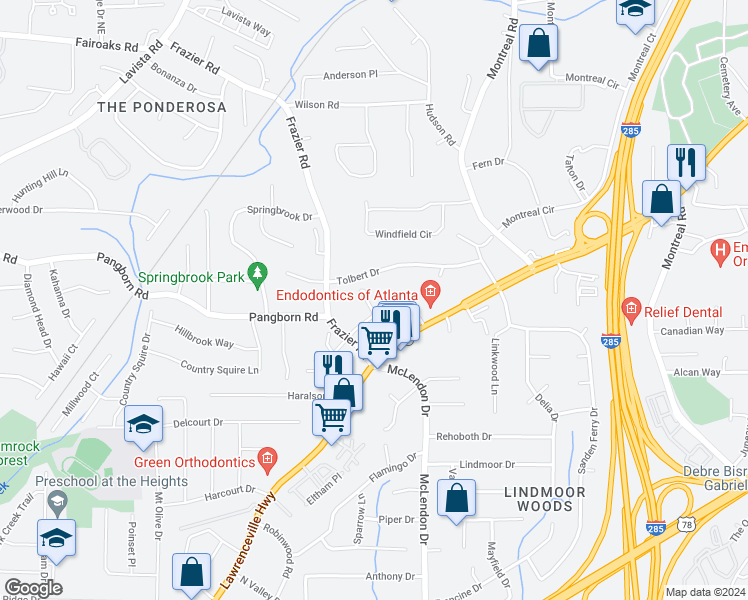 map of restaurants, bars, coffee shops, grocery stores, and more near 3105 Frazier Walk in Decatur