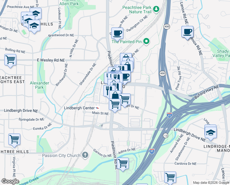 map of restaurants, bars, coffee shops, grocery stores, and more near 2591 Piedmont Road Northeast in Atlanta