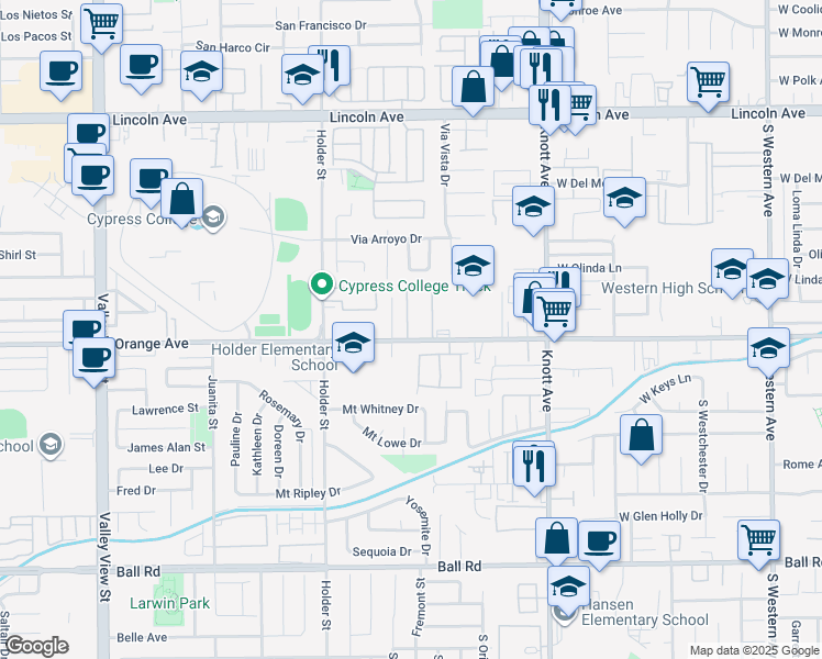 map of restaurants, bars, coffee shops, grocery stores, and more near 3931 West Orange Avenue in Anaheim