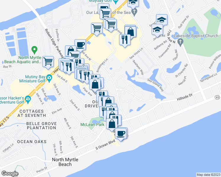 map of restaurants, bars, coffee shops, grocery stores, and more near 506C Rosemary Lane in North Myrtle Beach