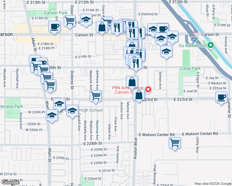 map of restaurants, bars, coffee shops, grocery stores, and more near 539 East 223rd Street in Carson