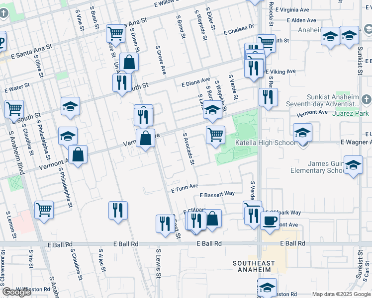 map of restaurants, bars, coffee shops, grocery stores, and more near 941 South Avocado Street in Anaheim