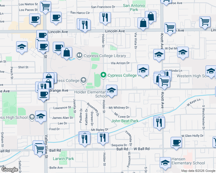 map of restaurants, bars, coffee shops, grocery stores, and more near 9470 Holder Street in Cypress
