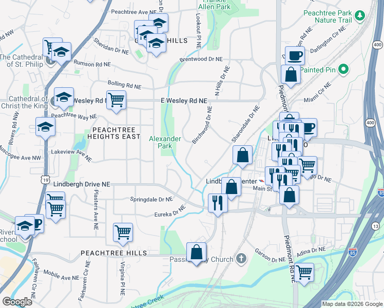 map of restaurants, bars, coffee shops, grocery stores, and more near 2577 Birchwood Drive Northeast in Atlanta