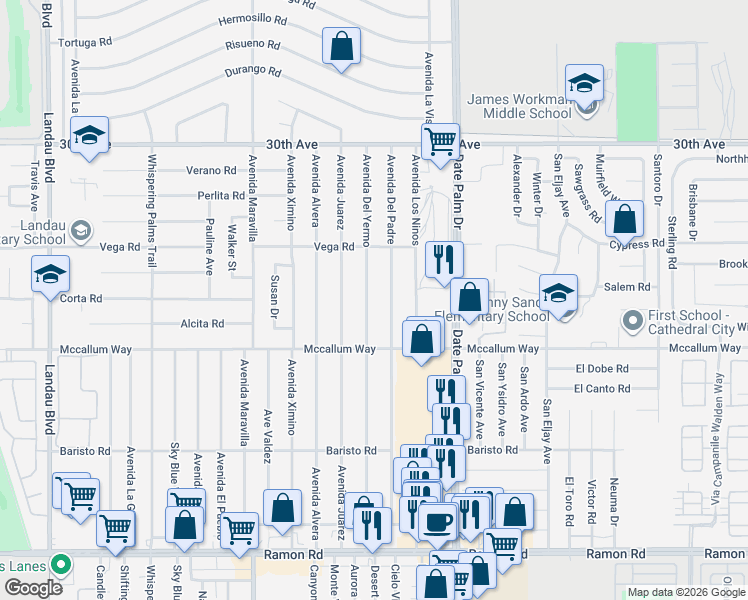 map of restaurants, bars, coffee shops, grocery stores, and more near 30750 Avenida Del Yermo in Cathedral City