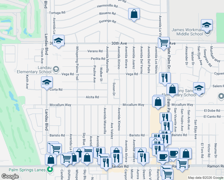 map of restaurants, bars, coffee shops, grocery stores, and more near 30715 Susan Drive in Cathedral City