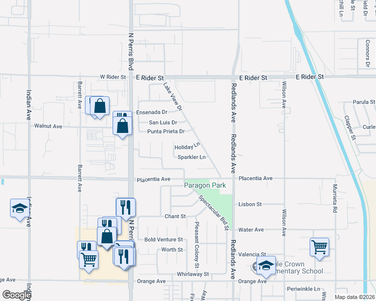 map of restaurants, bars, coffee shops, grocery stores, and more near 253 Holiday Lane in Perris